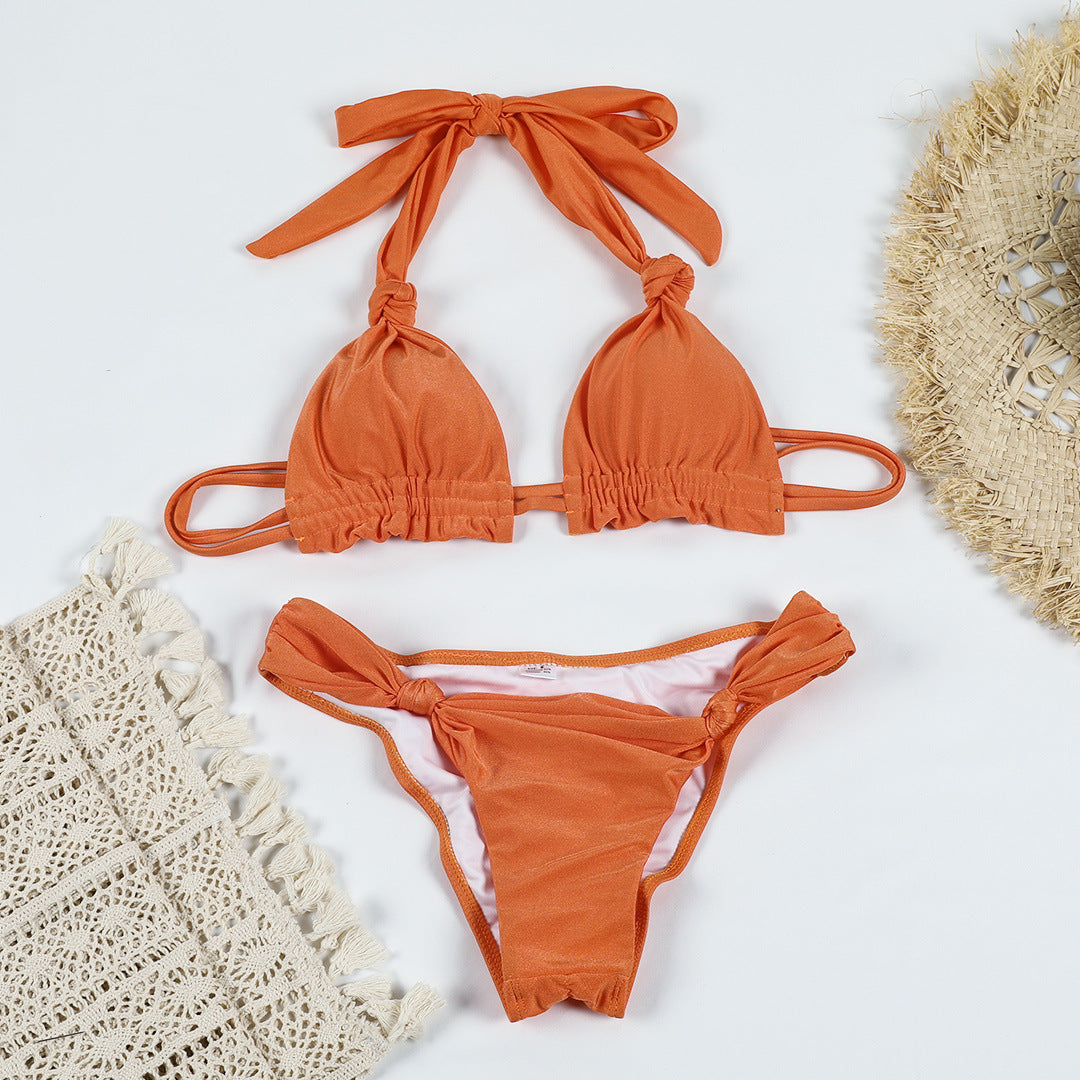 Solid Color Knotted Sexy Lace Up Bikini Light Nylon Split Swimsuit Women Bella Mia