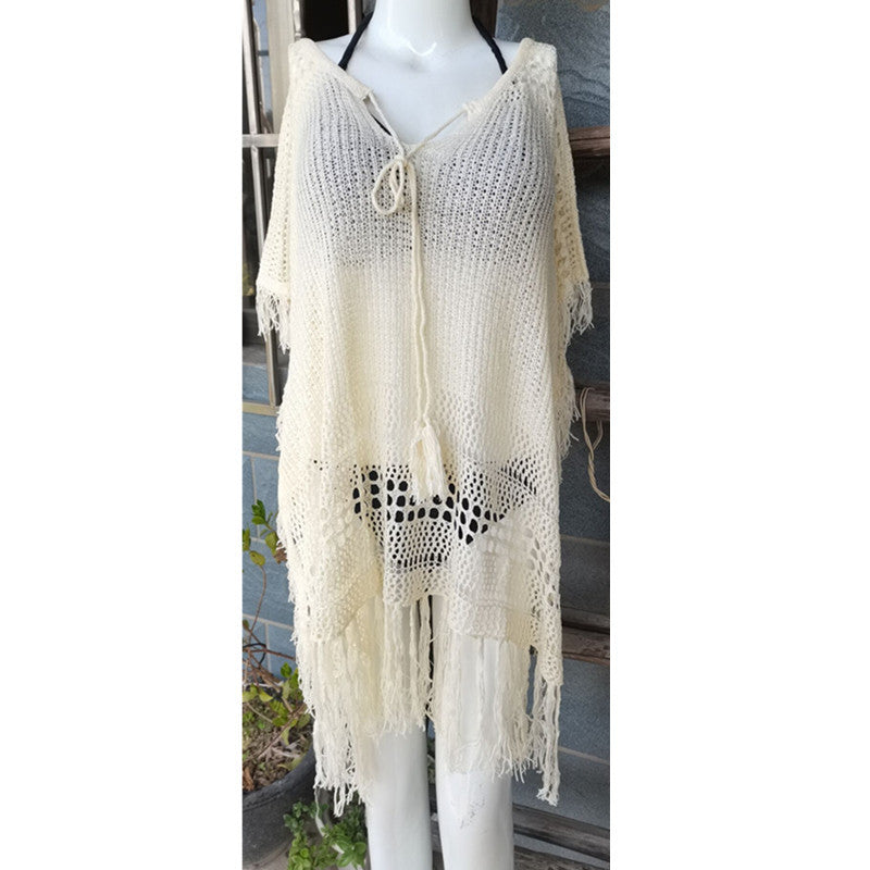 Knitted Tassel Beach Cover-up Sexy Hollow Out Cutout Seaside Sun Protection Clothing Beach Cover Up Crochet Bella Mia