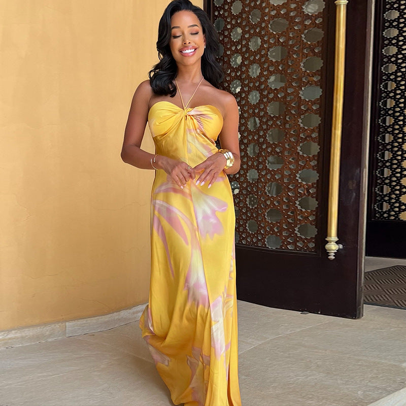 Halter Dress Digital Printing Wrapped Chest Sleeveless Pullover Backless Mid Waist Slim Fit A line Dress Bella Mia
