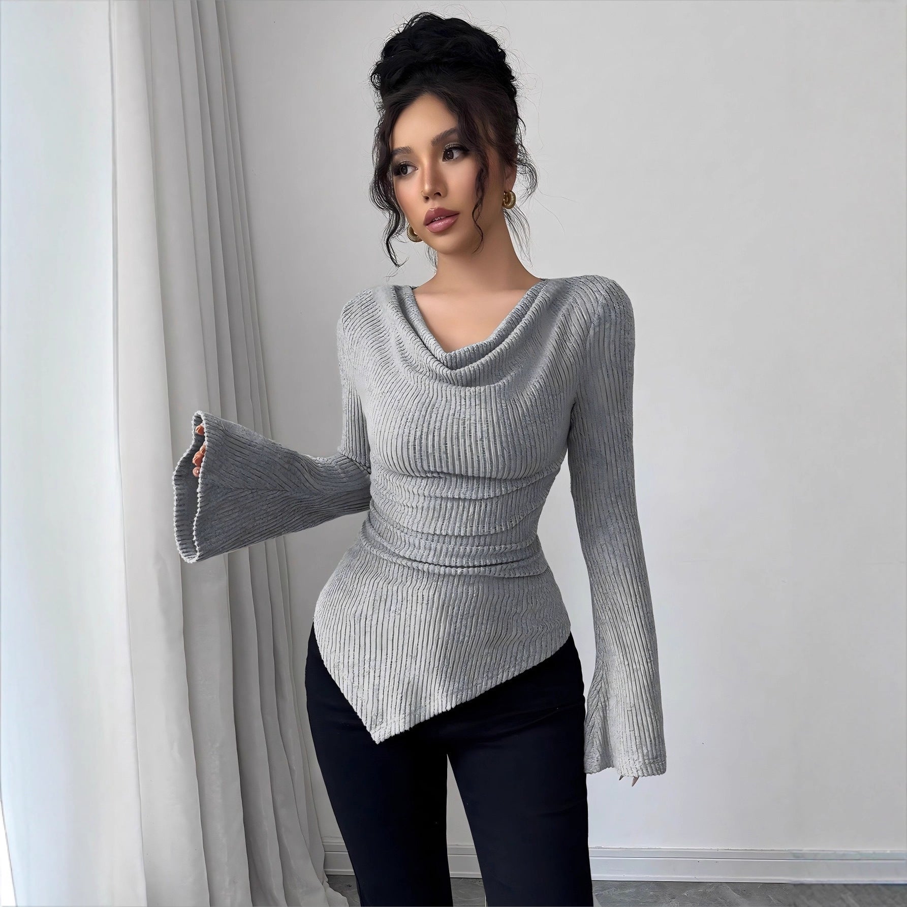 Autumn Winter Women Clothing Ribbing Bottoming Sweater off the Shoulder Slim Knitted Long Sleeved Top Office Bella Mia