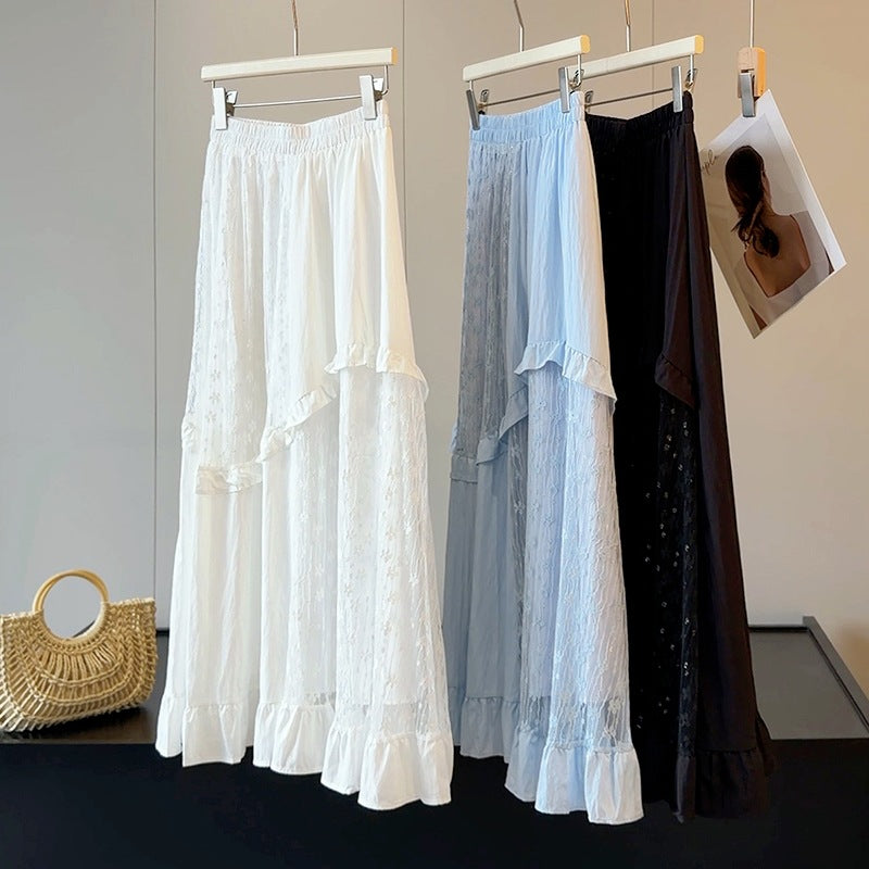 French Design Lace Stitching Skirt Women Summer High Waist Slimming A line Mid Length Tiered