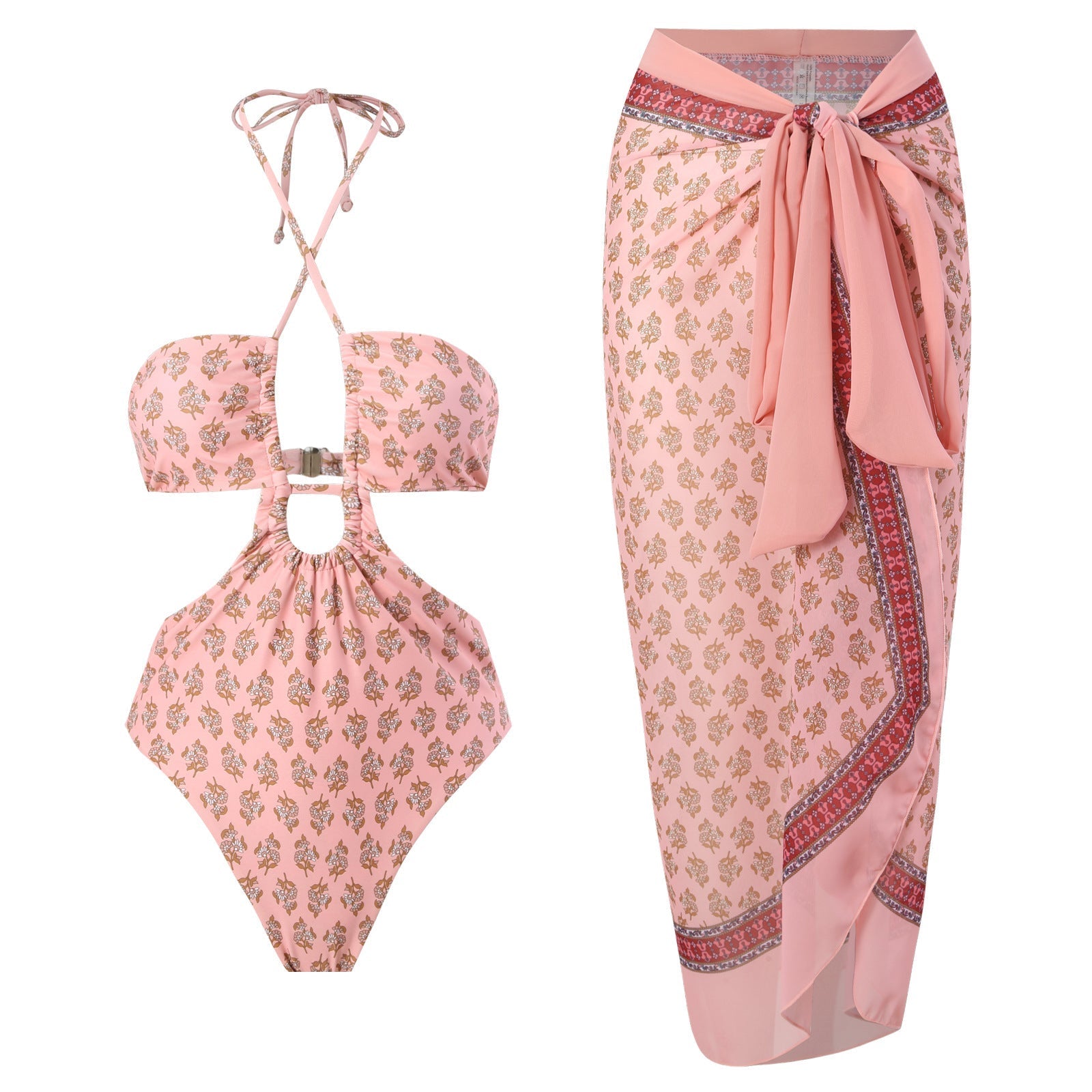Sexy Double Sided One Piece Swimsuit Pleated Halter Bikini Suit Chiffon Dress Bella Mia