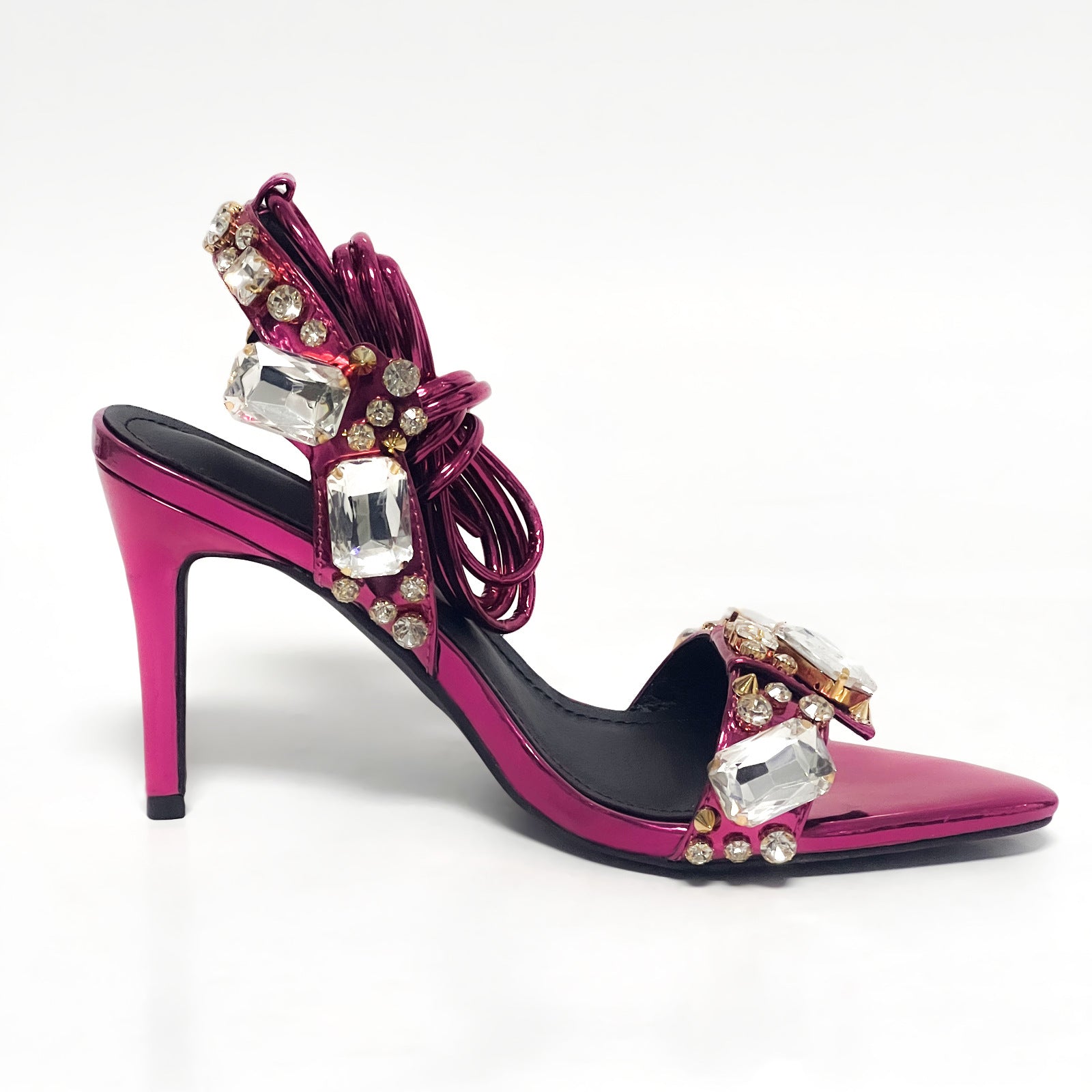 11cm Pointed Gold Rivet Rhinestone Stiletto Heels Summer Sandals Shoes