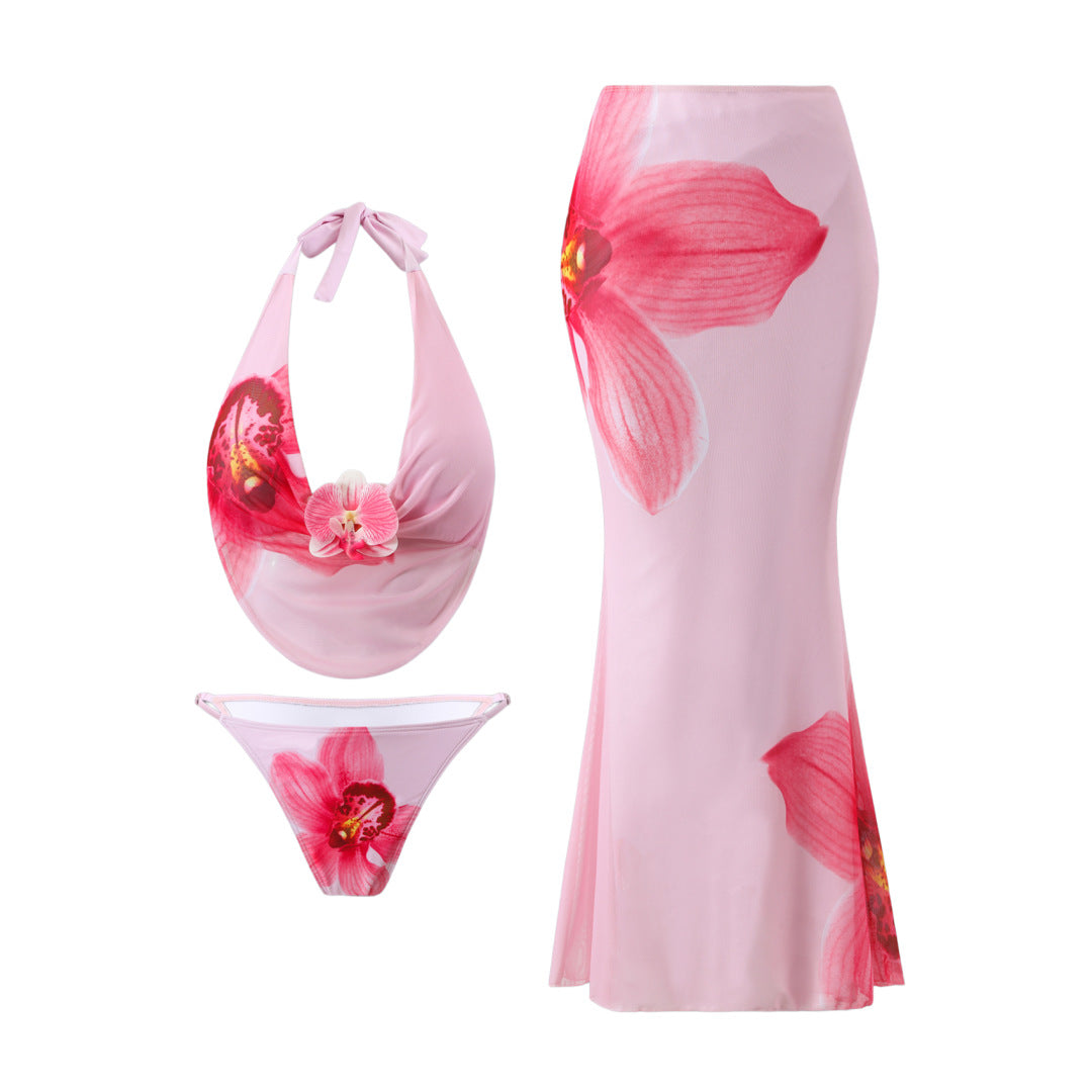 Bikini Mesh Floral Print Three Piece Skirt Sunscreen Swimsuit Women Bella Mia