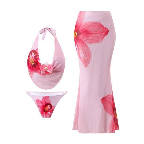 Bikini Mesh Floral Print Three Piece Skirt Sunscreen Swimsuit Women Bella Mia