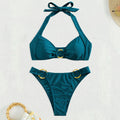 Sexy Bikini Solid Color Biniki Split Swimsuit Gold Ring Halter Swimsuit