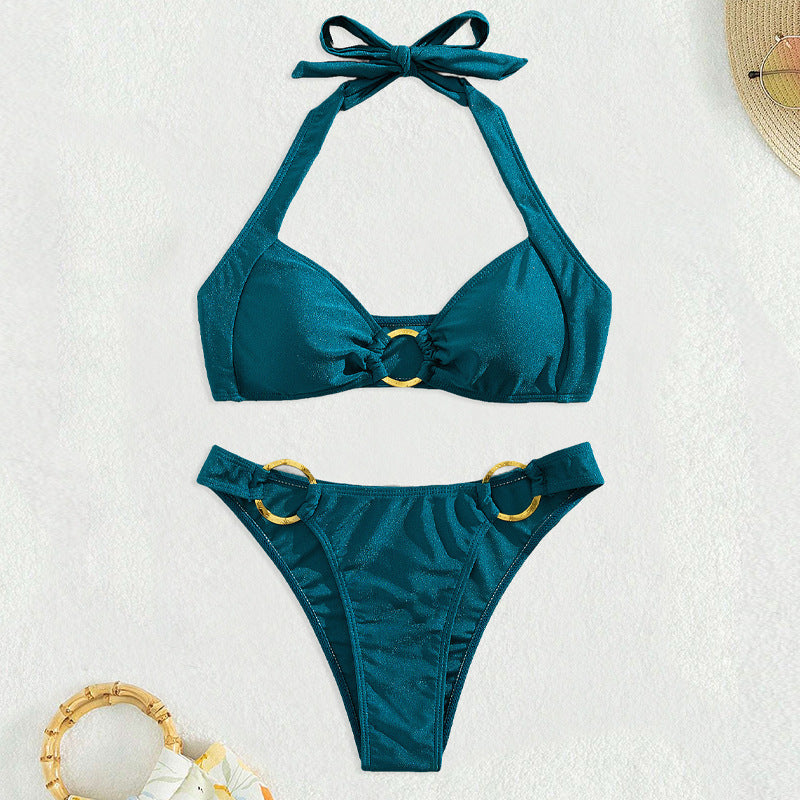 Sexy Bikini Solid Color Biniki Split Swimsuit Gold Ring Halter Swimsuit