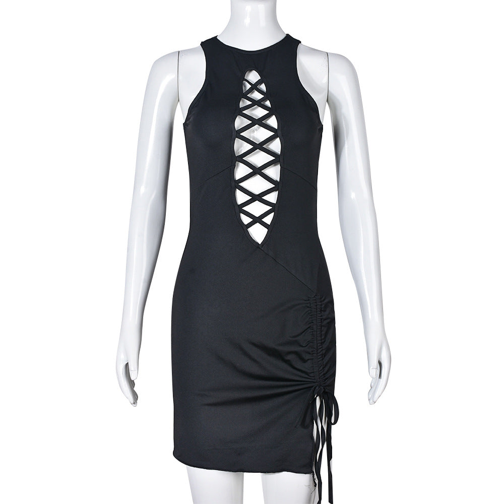 Women Clothing Exclusive Sexy Ribbon Drawstring Hollow Out Cutout round Neck Sleeveless Dress Women Clothing Bella Mia