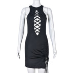 Women Clothing Exclusive Sexy Ribbon Drawstring Hollow Out Cutout round Neck Sleeveless Dress Women Clothing Bella Mia