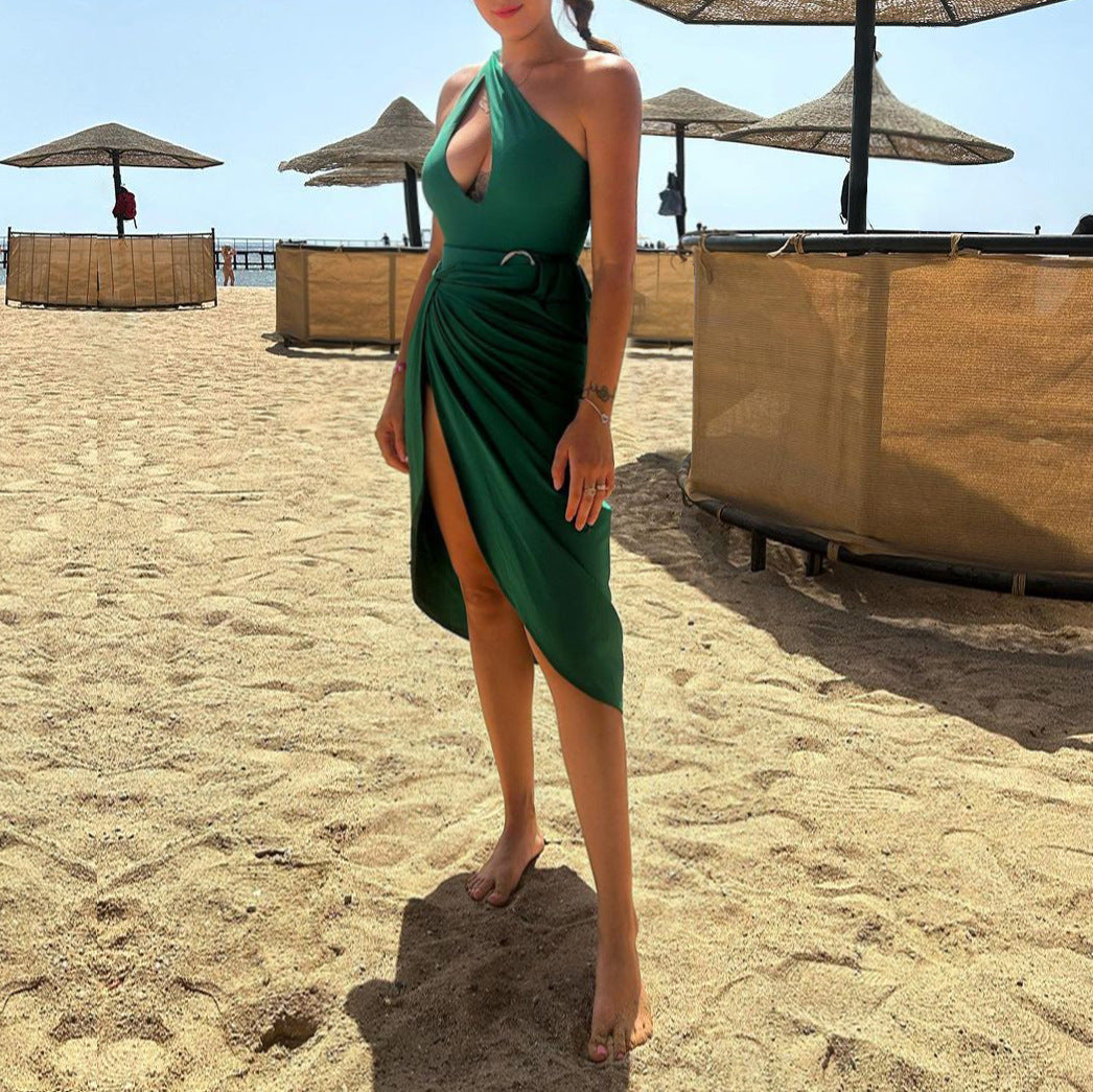 Solid Color Retro Hollow Out Cutout Siamese Women Swimsuit Set Cover Belly Slimming Swimsuit Lot Bella Mia