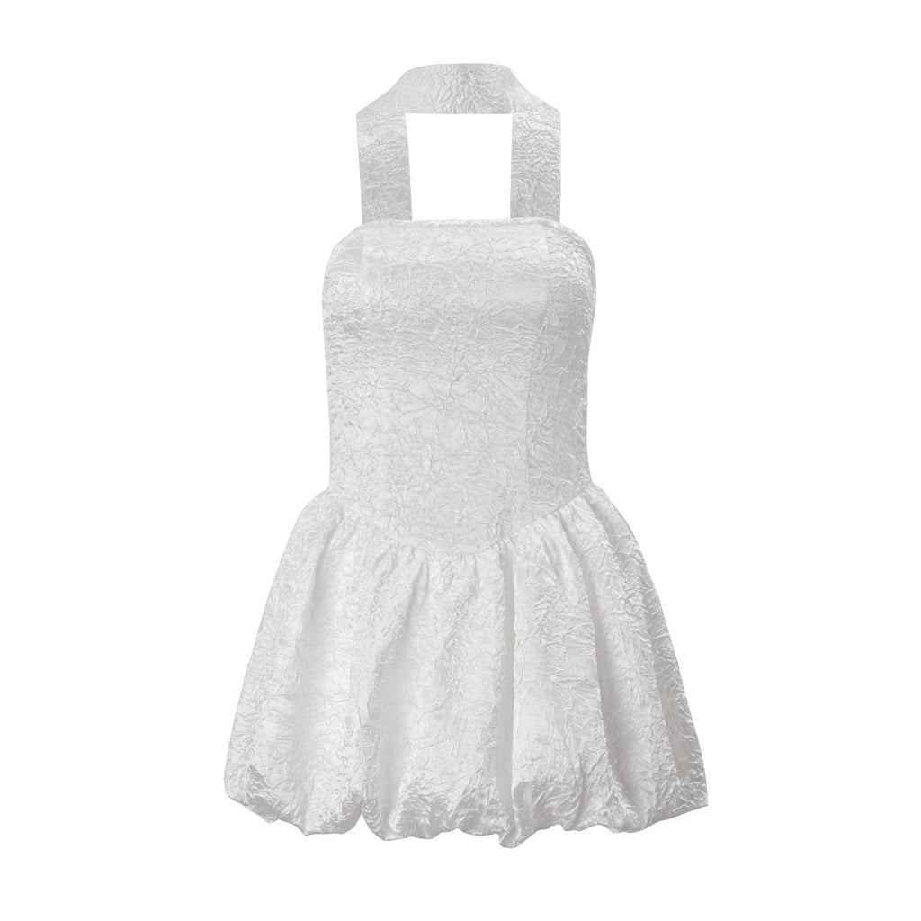 Women Clothing Autumn French Sexy Tube Top Dress Ribbon Fitted Waist Bubble Short Dress Bella Mia