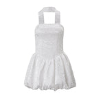 Women Clothing Autumn French Sexy Tube Top Dress Ribbon Fitted Waist Bubble Short Dress Bella Mia