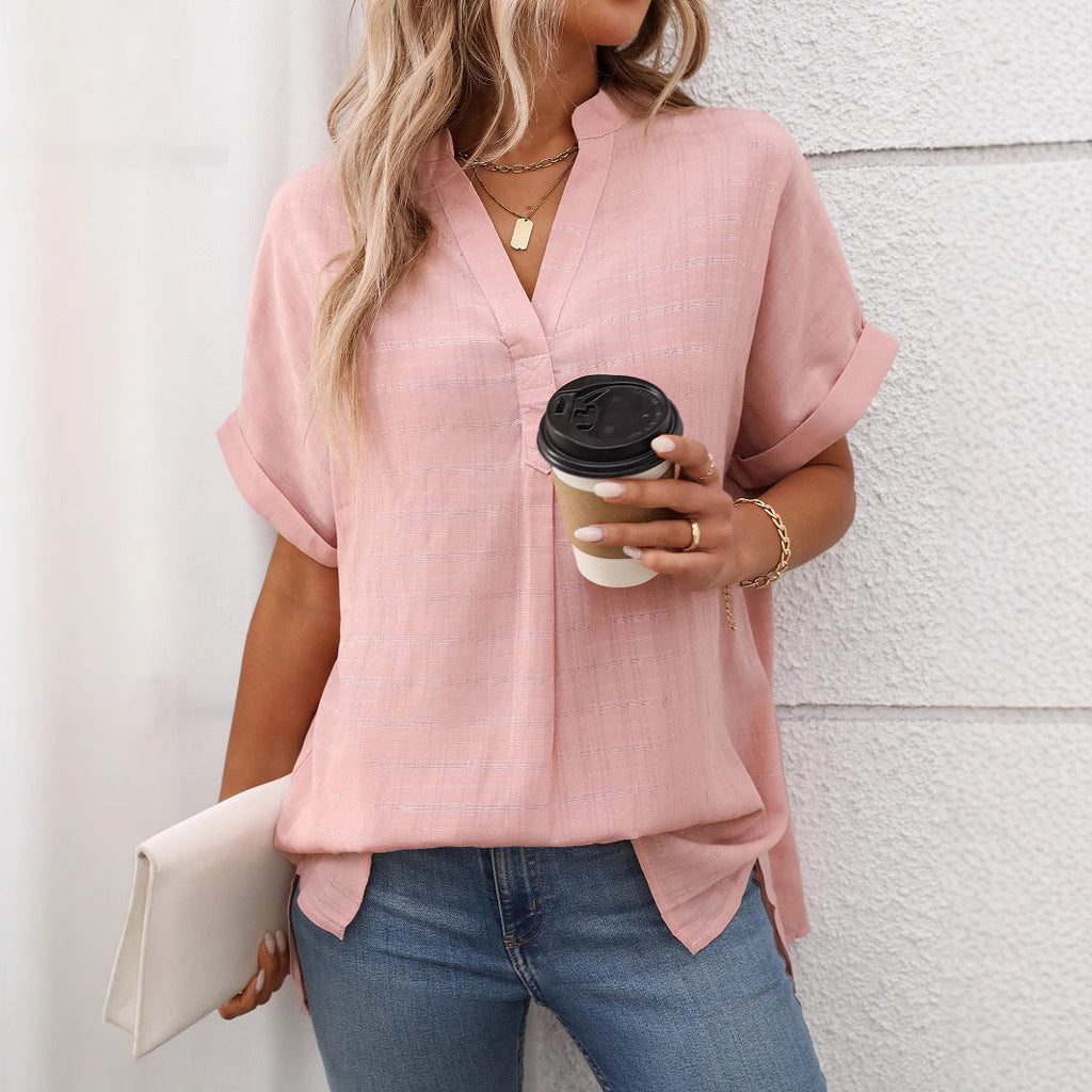 Summer Women V neck Short Sleeve Striped Loose Plaid Shirt Bella Mia