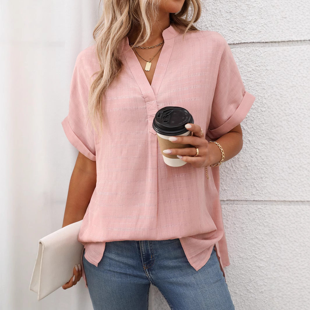 Summer Women V neck Short Sleeve Striped Loose Plaid Shirt Bella Mia