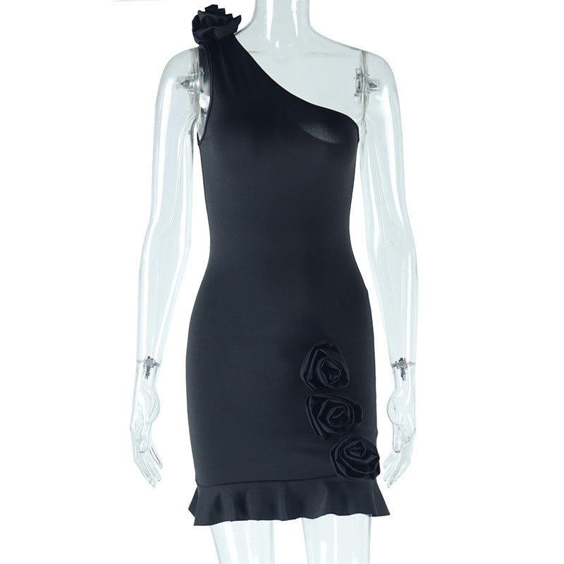 Women Clothing Solid Color Sexy Diagonal Collar Sleeveless Backless Sheath Casual Dress Bella Mia