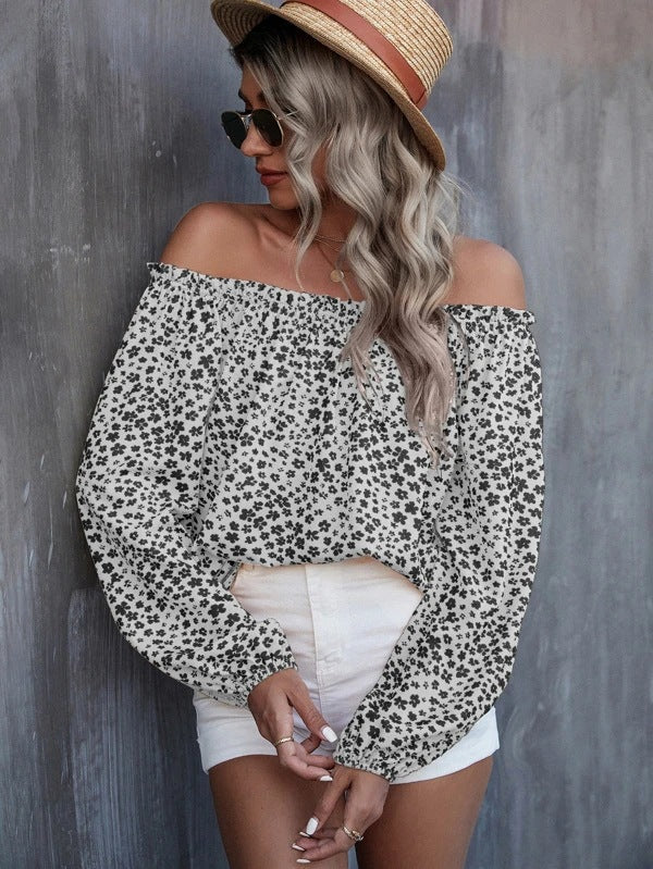 Autumn Winter Women Clothing Sexy off the Shoulder Printed Long Sleeve Loose Top T shirt Bella Mia