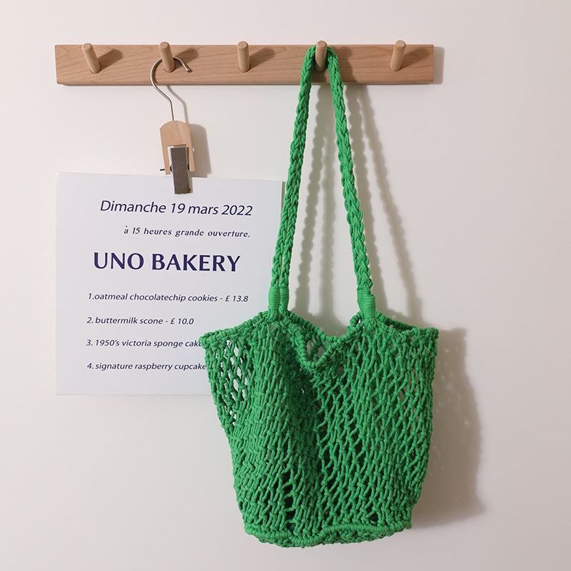 Simple Korean Cotton Woven Bag Large Capacity Mesh Shoulder Straw Bag Handmade Niche Women Bag Casual Vacation Beach Bag Bella Mia