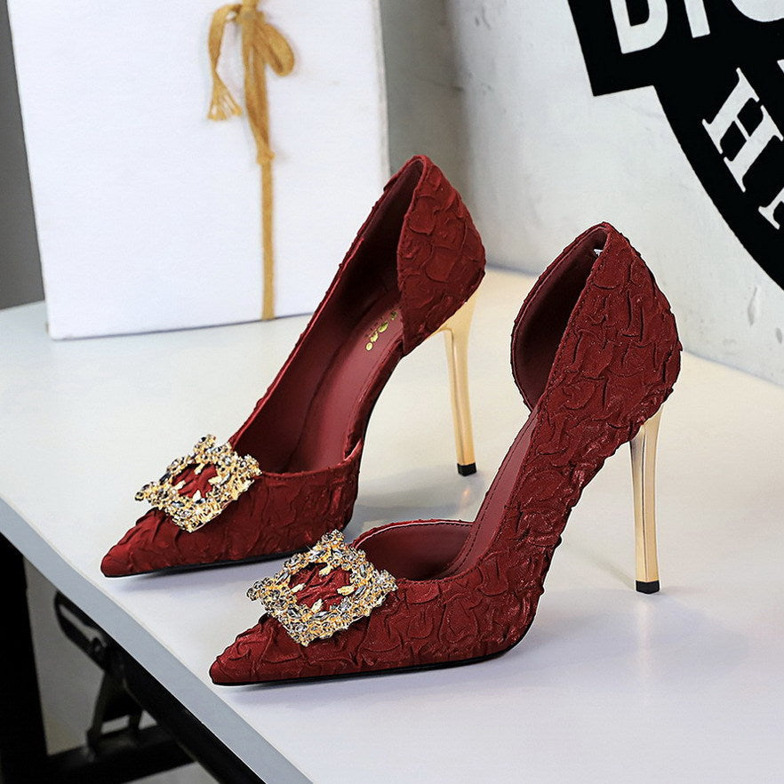 French Rhinestone Square Buckle Side Hollow Out Cutout Slip on Super High Heel Satin Gentle Elegant Stiletto Wedding Shoes