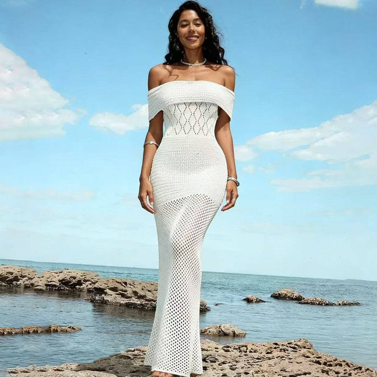 Off Shoulder Dress Hollow Out Cutout out Knitted Dress Elegant Slim Fit Hip Women Beach Cover up