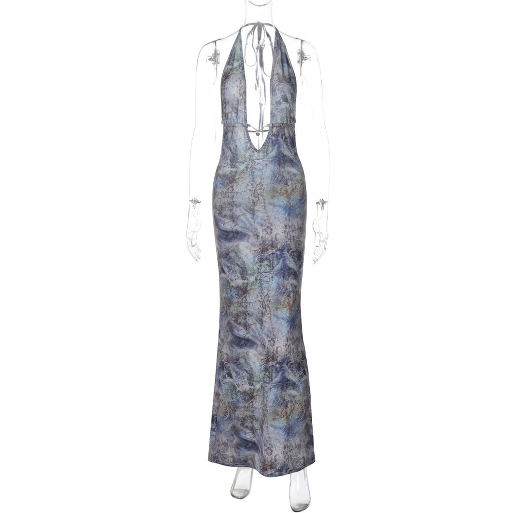 Women Clothing Autumn Printed Sexy Backless Slim Fit Split Lace up Dress Bella Mia