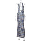Women Clothing Autumn Printed Sexy Backless Slim Fit Split Lace up Dress Bella Mia