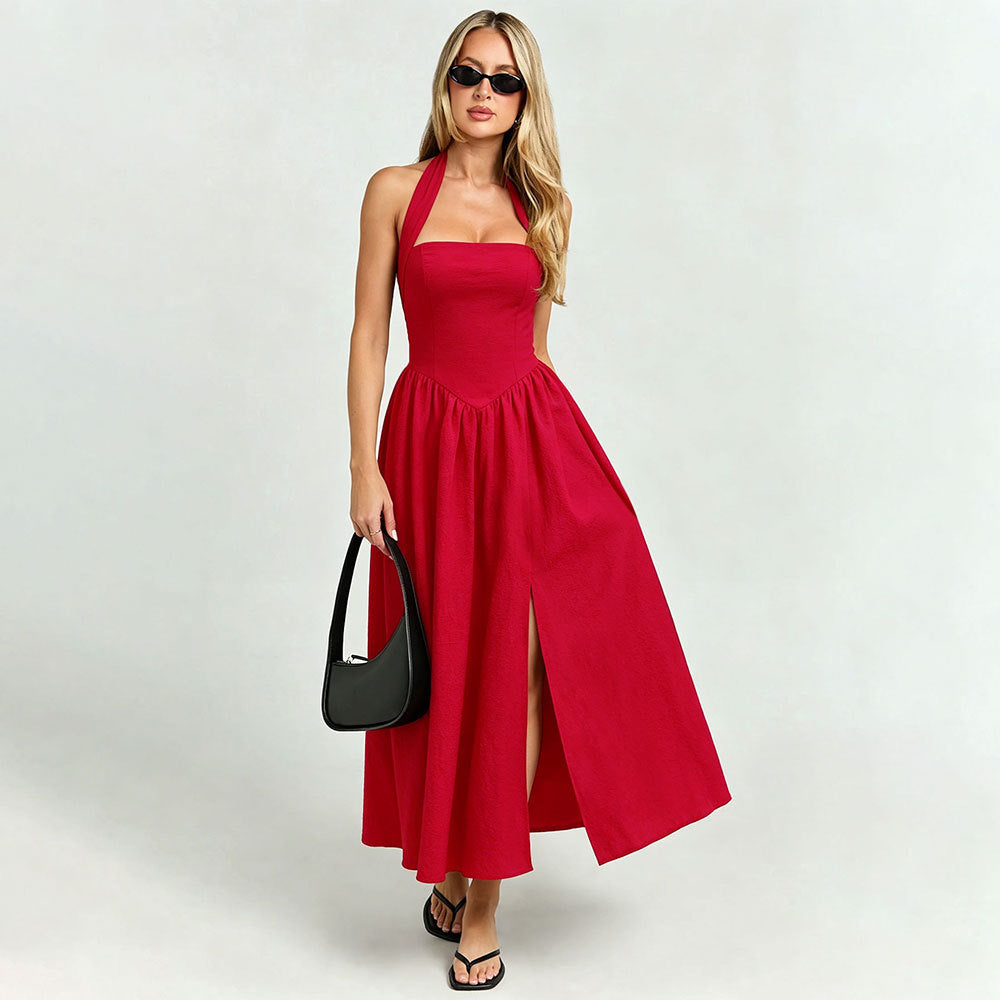 Halter Lace up Dress Women Backless Waist Trimming Large Swing Split Red Atmosphere Holiday Midi Dress Bella Mia