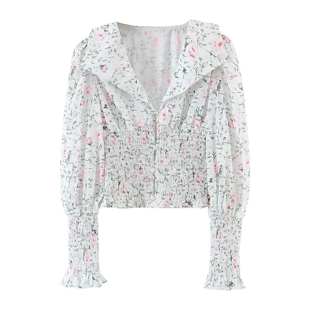 Autumn Blogger Floral Large Collared Single Elasticated Waist Lantern Sleeve Long Sleeve Shirt Bella Mia