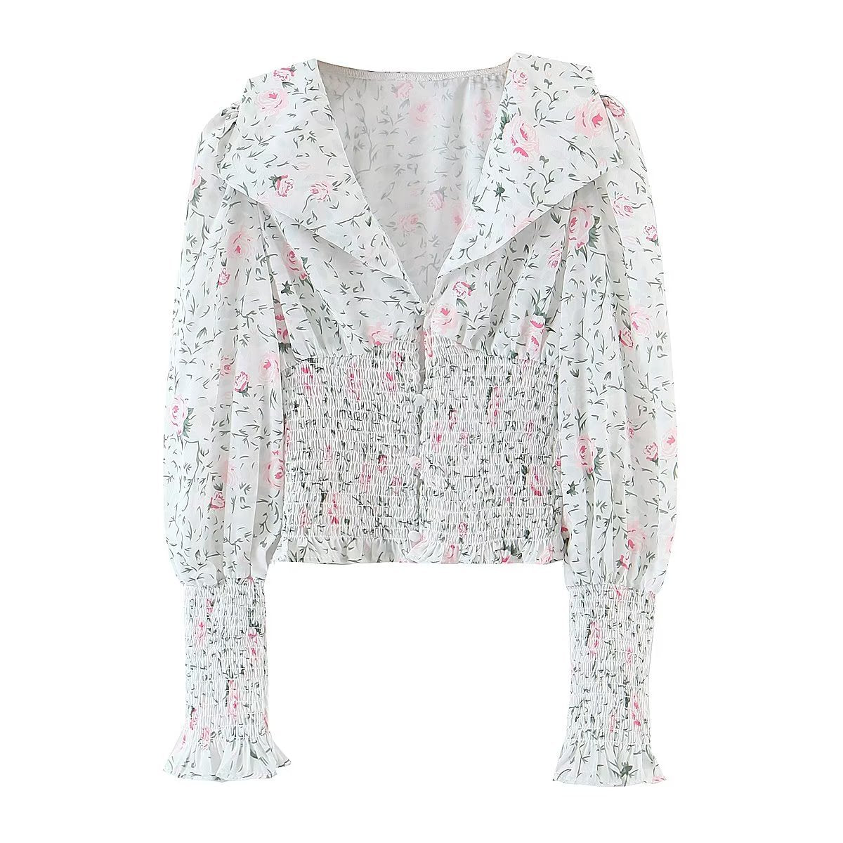 Autumn Blogger Floral Large Collared Single Elasticated Waist Lantern Sleeve Long Sleeve Shirt Bella Mia