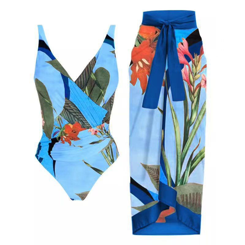 Two Piece Set Swimsuit Cross Belly Covering Printed Backless Sheath Dress Swimsuit Bella Mia