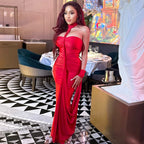 Solid Color Elegant Women Backless Lace up Tube Top Hip Pleated off Neck Dress Cocktail Dress Bella Mia