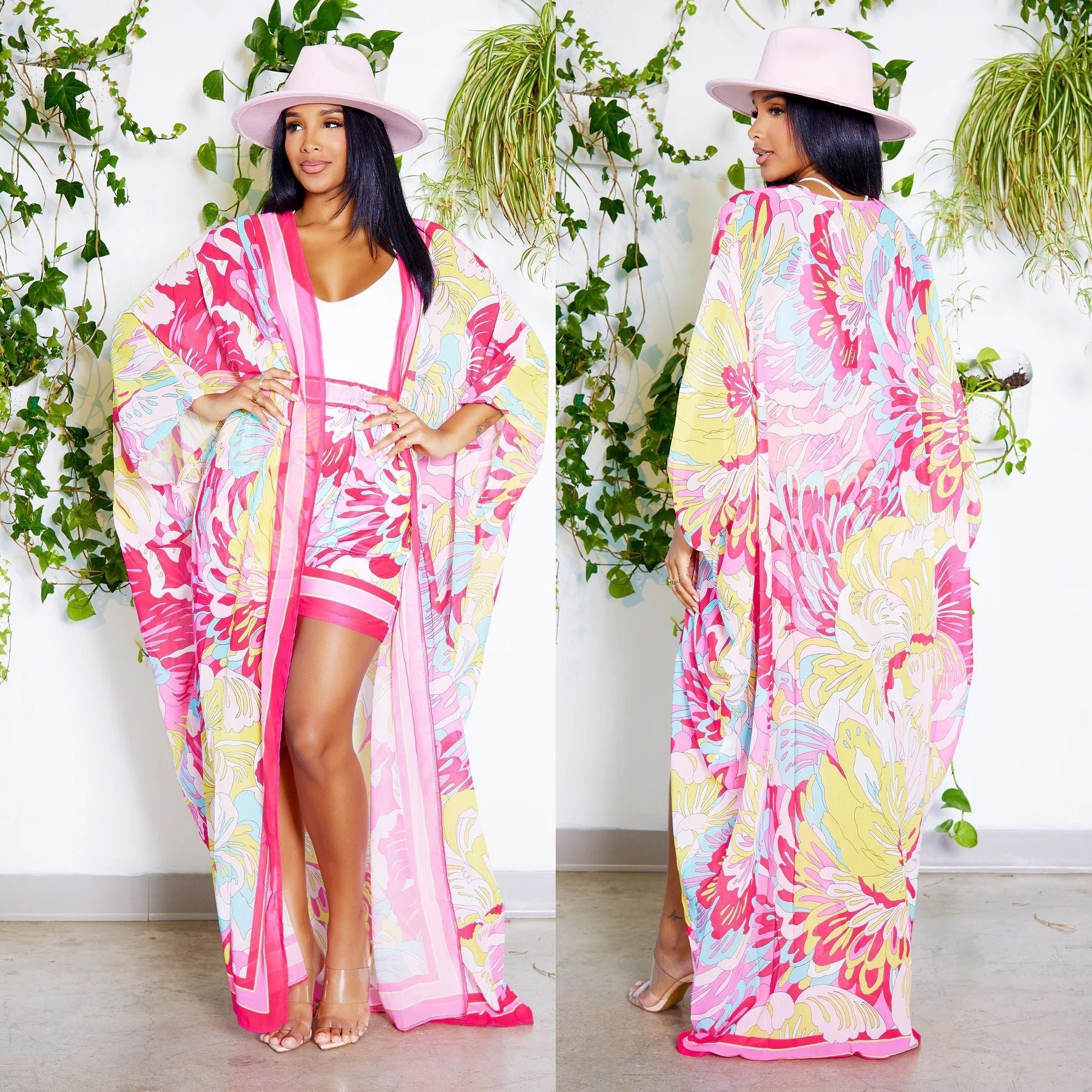 Chiffon Printed Blouse Shorts Suit Sun Protection One Sleeve Cardigan Beach Two Piece Set Women Bella Mia