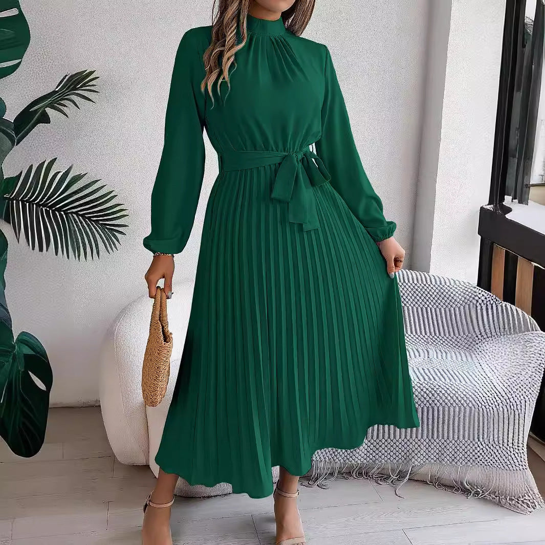 Autumn Winter Elegant Stand Collar Long Sleeve Cinched Pleated Maxi Dress Small Dress Women Clothing Bella Mia