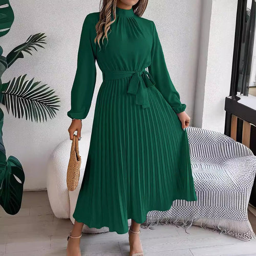 Autumn Winter Elegant Stand Collar Long Sleeve Cinched Pleated Maxi Dress Small Dress Women Clothing Bella Mia