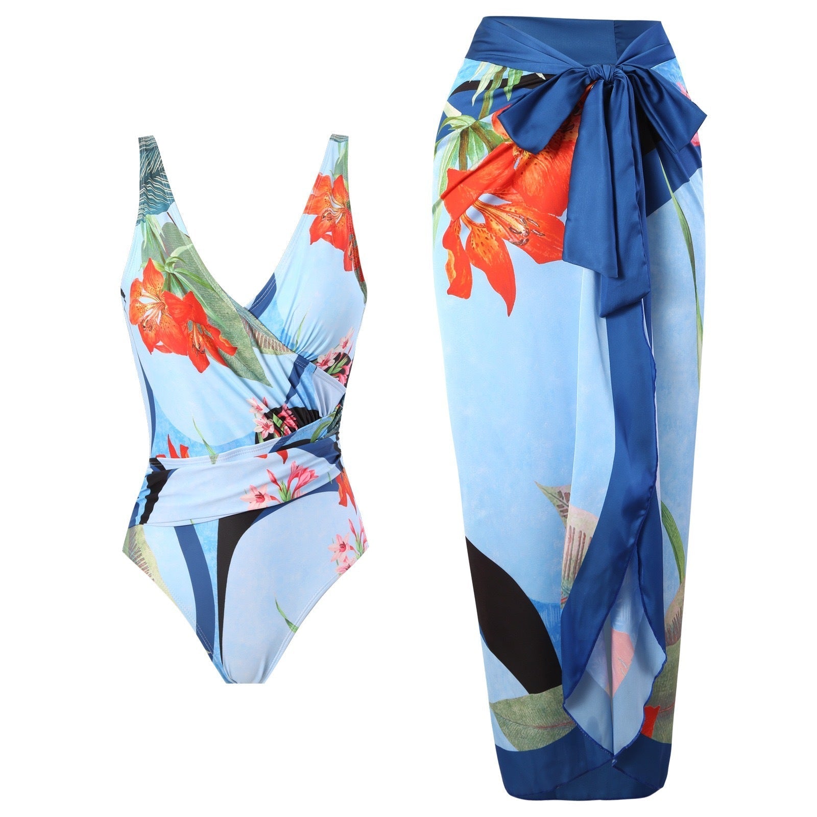 Two Piece Set Swimsuit Cross Belly Covering Printed Backless Sheath Dress Swimsuit Bella Mia