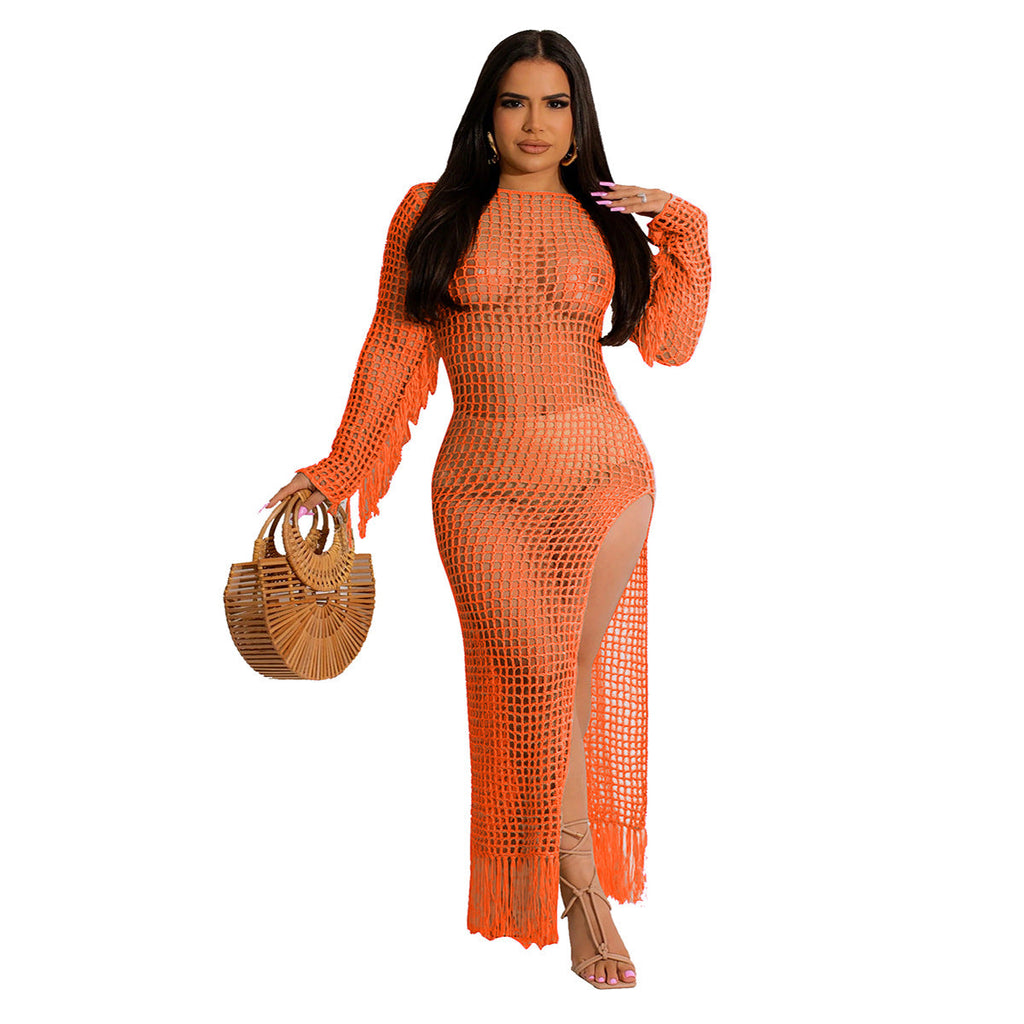 Women Clothing Sexy Solid Color Handmade Knitted Tassel Beach Dress Bella Mia