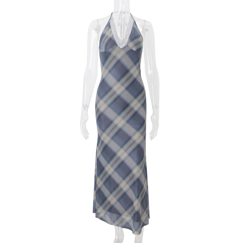 Women Clothing Summer Sexy V neck Lace Plaid Sweet Retro Slim Fit Dress Women Bella Mia