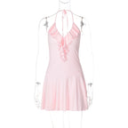 Summer Ruffled V neck Sexy Lace Backless Sheath Dress Women Bella Mia