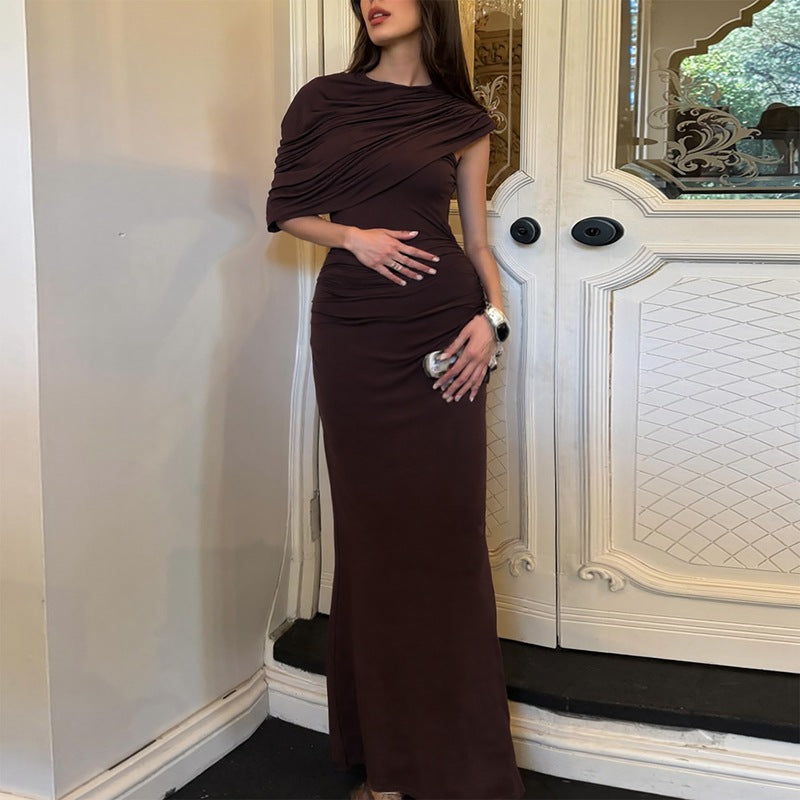 Women Clothing Summer Oblique Shoulder Design Skinny Sheath Pleated Irregular Asymmetric Dress Bella Mia
