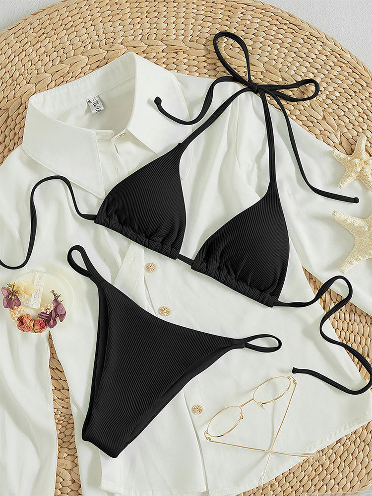 Printing Halter Spaghetti Straps Sexy Bikini Pleated Lace up Triangle Spring Split Swimsuit Bella Mia