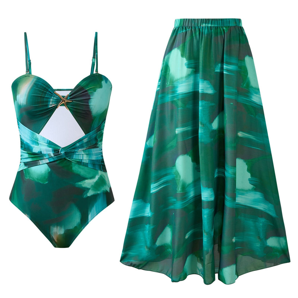 One Piece Swimsuit Women Printed Sexy Two Piece Sets Swimwear Chiffon round Skirt Bella Mia