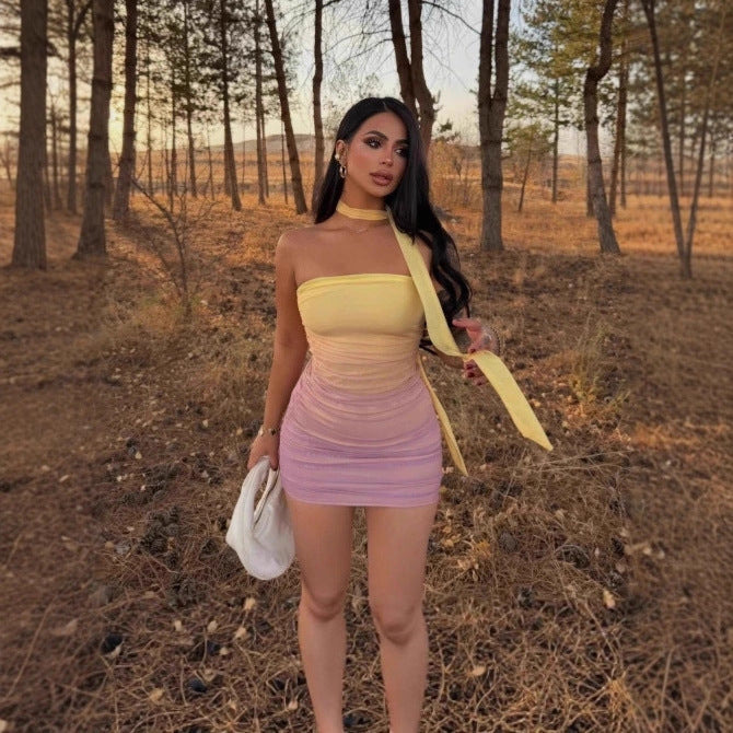 Women Clothing Nightclub Sexy Celebrity Gradient Color Tie Bandeau Slim Fit Short Dress
