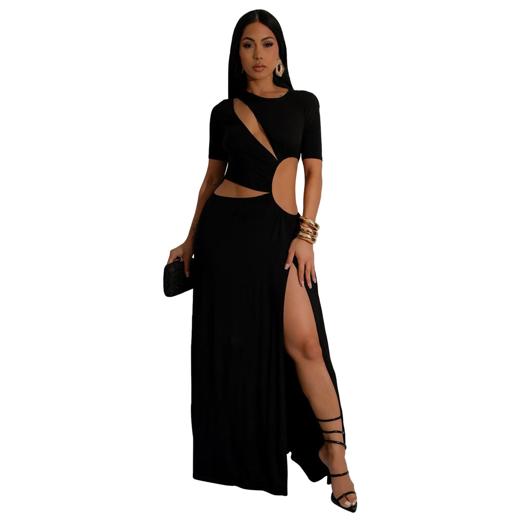 Women Clothing Sexy Waist Hollow Out Cutout out Irregular Asymmetric Maxi Dress Solid Color Split Dress Bella Mia