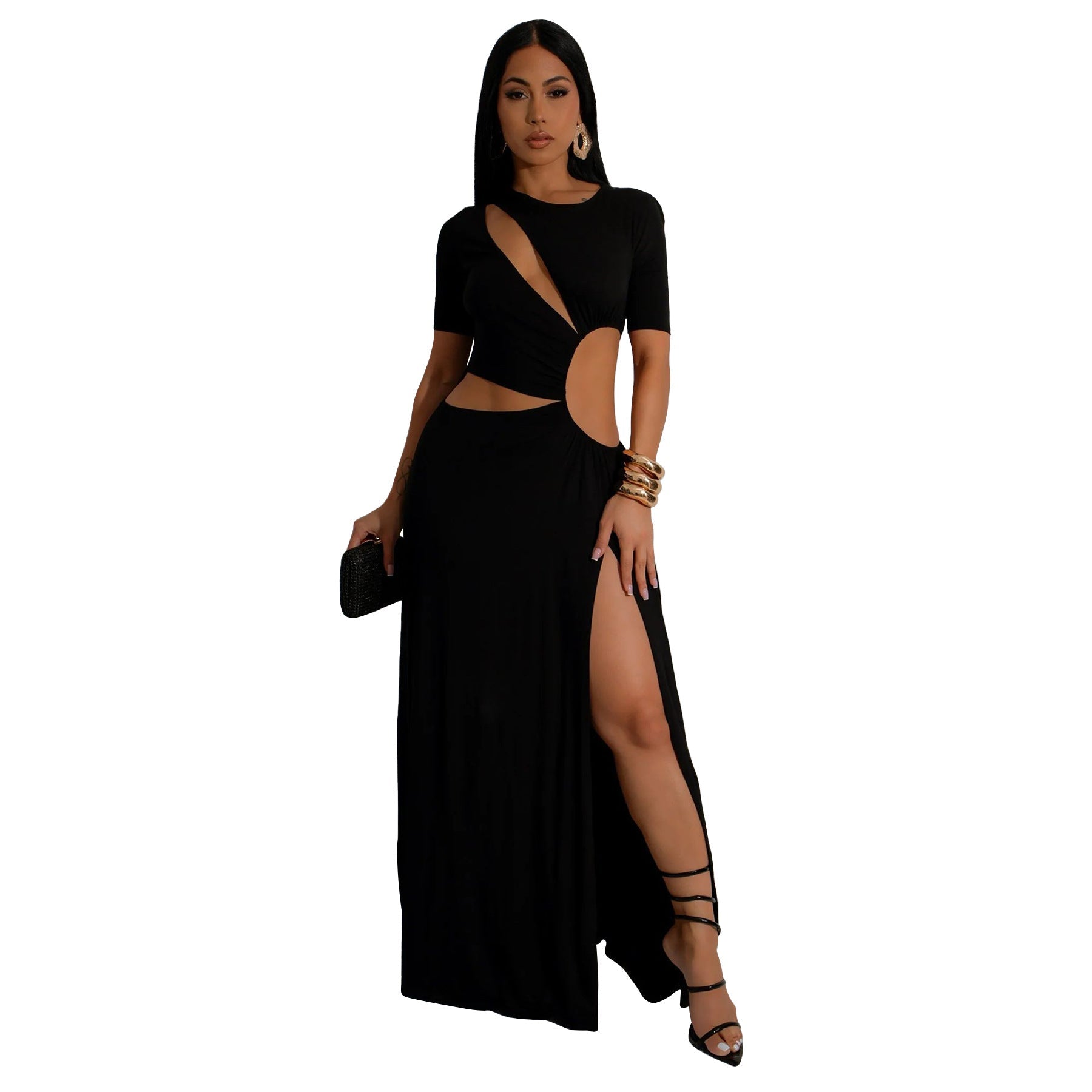 Women Clothing Sexy Waist Hollow Out Cutout out Irregular Asymmetric Maxi Dress Solid Color Split Dress Bella Mia