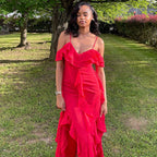 Women Clothing Solid Color Dress Sexy Spaghetti Straps Sleeveless Ruffled Irregular Asymmetric Maxi Dress Bella Mia