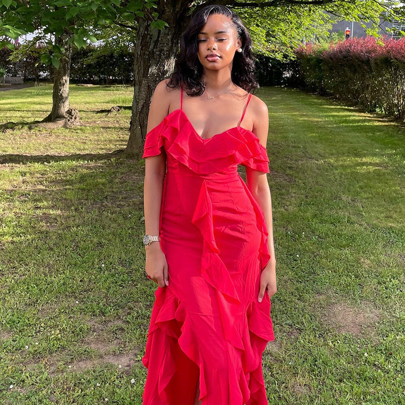 Women Clothing Solid Color Dress Sexy Spaghetti Straps Sleeveless Ruffled Irregular Asymmetric Maxi Dress Bella Mia