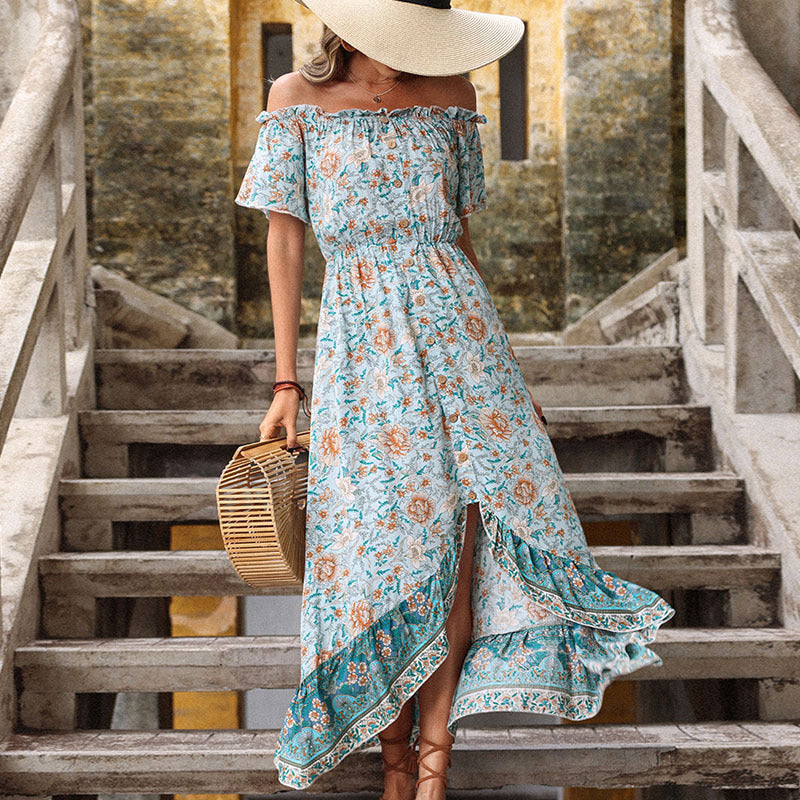 Arrival Summer Floral Blue off-Neck French Retro Dress