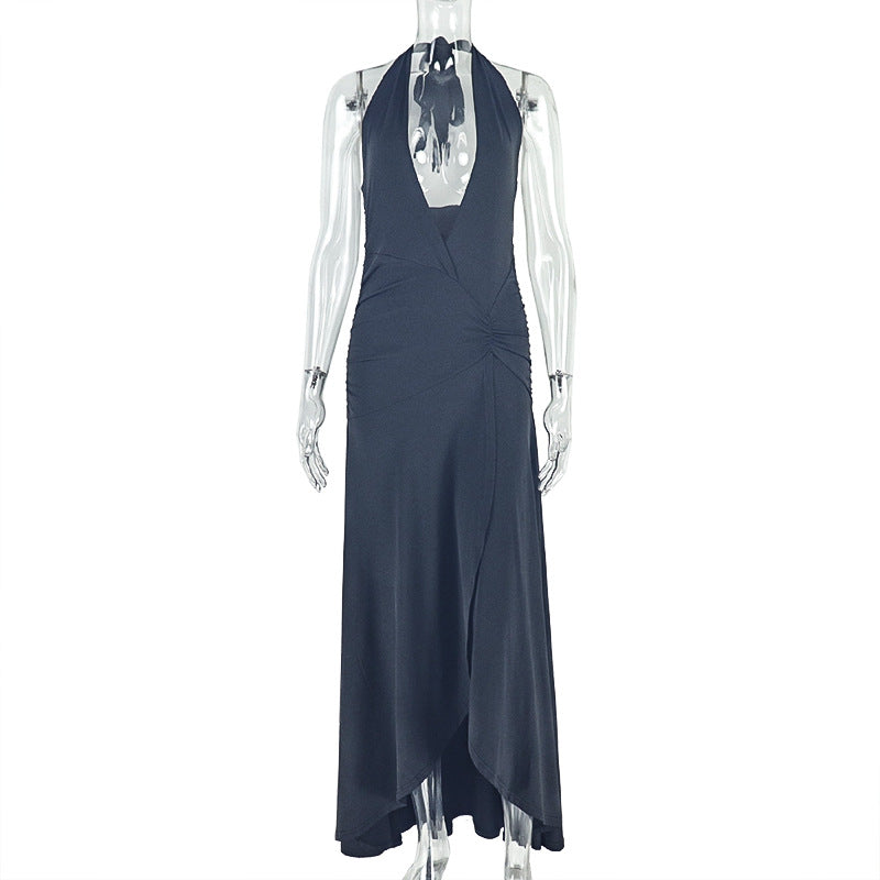 Women Clothing Waist Slimming Solid Color Hip V neck Pleated Draped Chest Wrapped Dress Bella Mia