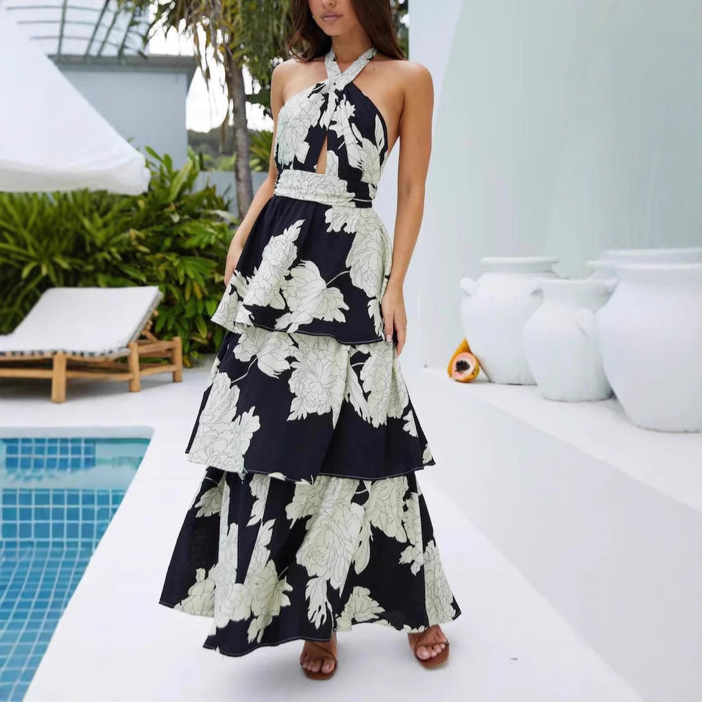 Spring Summer Women Clothing Sexy Print Tiered Dress Lace up Maxi Dress Bella Mia