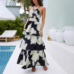Spring Summer Women Clothing Sexy Print Tiered Dress Lace up Maxi Dress Bella Mia