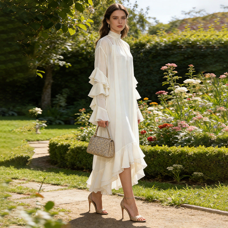 Spring High Neck Ruffled Maxi Dress Bell Sleeve Irregular Asymmetric Neck Loose Slimming Two Piece Dress Bella Mia